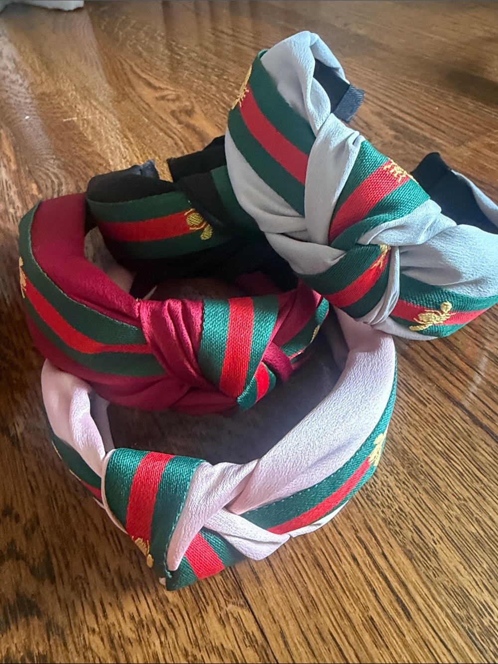 Striped Knotted Headbands with Embroidered Bee Detail - Green/Red/Pink